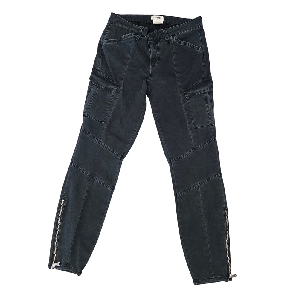 L AGENCIE Women's Black Moto Cargo Zip Ankle Skinny Jeans Size 27